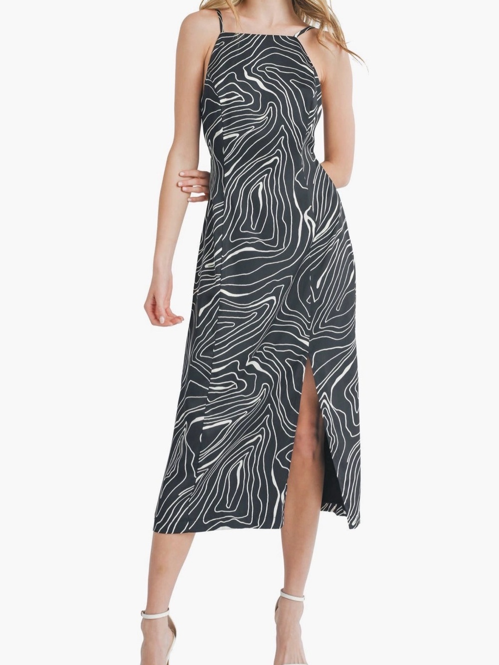 Mila Mae Abstract Print Midi Dress Black & White Tie-Back Size Medium